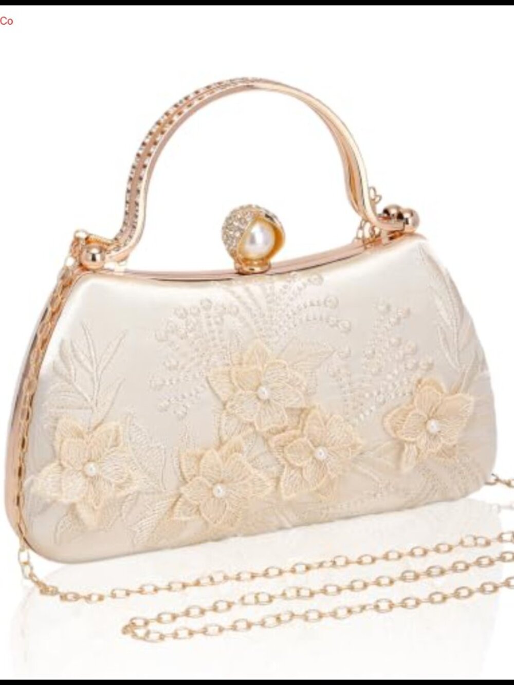Floral Embroidered Satin Clutch Rhinestone Evening Bag Detachable Chain